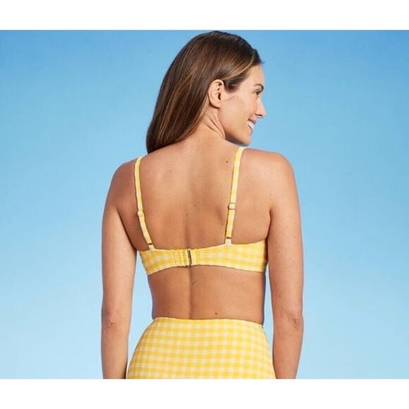 Kona Sol Yellow Gingham Print Textured Triangle Bikini Swim Top - Picture 3 of 8